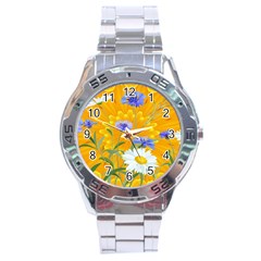 Flowers Daisy Floral Yellow Blue Stainless Steel Analogue Watch