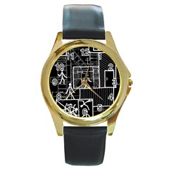 Drawing Round Gold Metal Watch