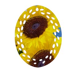 Sunflower Floral Yellow Blue Sky Flowers Photography Oval Filigree Ornament (two Sides) by yoursparklingshop