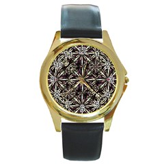 Dark Tropical Pattern Round Gold Metal Watch by dflcprints