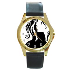 Long Haired Sexy Woman  Round Gold Metal Watch by StarvingArtisan