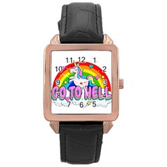 Go To Hell - Unicorn Rose Gold Leather Watch  by Valentinaart