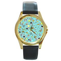 Space Pattern Round Gold Metal Watch