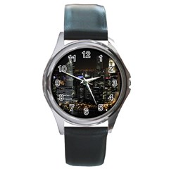 City At Night Lights Skyline Round Metal Watch