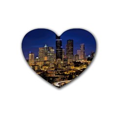 Skyline Downtown Seattle Cityscape Rubber Coaster (heart)  by Simbadda