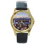 Panoramic City Water Travel Round Gold Metal Watch Front