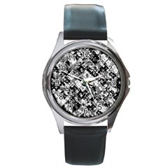 Black And White Patchwork Pattern Round Metal Watch by dflcprints