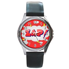 Comic Bubble Popart Cartoon Action Round Metal Watch by Simbadda
