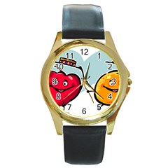 Dancing Fruit Apple Organic Fruit Round Gold Metal Watch by Simbadda