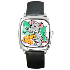 Mouse Cheese Tail Rat Hole Square Metal Watch by Simbadda