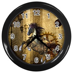 Awesome Steampunk Horse, Clocks And Gears In Golden Colors Wall Clocks (black) by FantasyWorld7