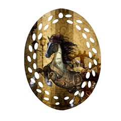 Awesome Steampunk Horse, Clocks And Gears In Golden Colors Ornament (oval Filigree) by FantasyWorld7
