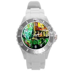 Old Tree And House With An Arch 5 Round Plastic Sport Watch (l) by bestdesignintheworld