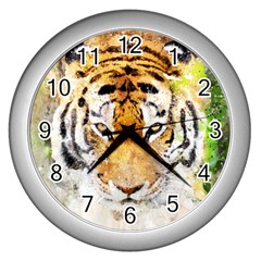 Tiger Watercolor Colorful Animal Wall Clocks (silver) 