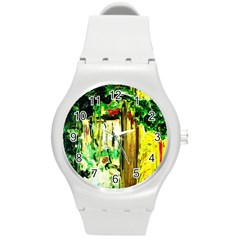 Old Tree And House With An Arch 4 Round Plastic Sport Watch (m) by bestdesignintheworld