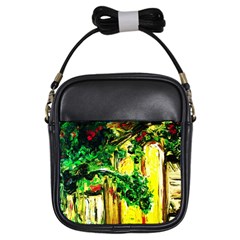 Old Tree And House With An Arch 2 Girls Sling Bags by bestdesignintheworld