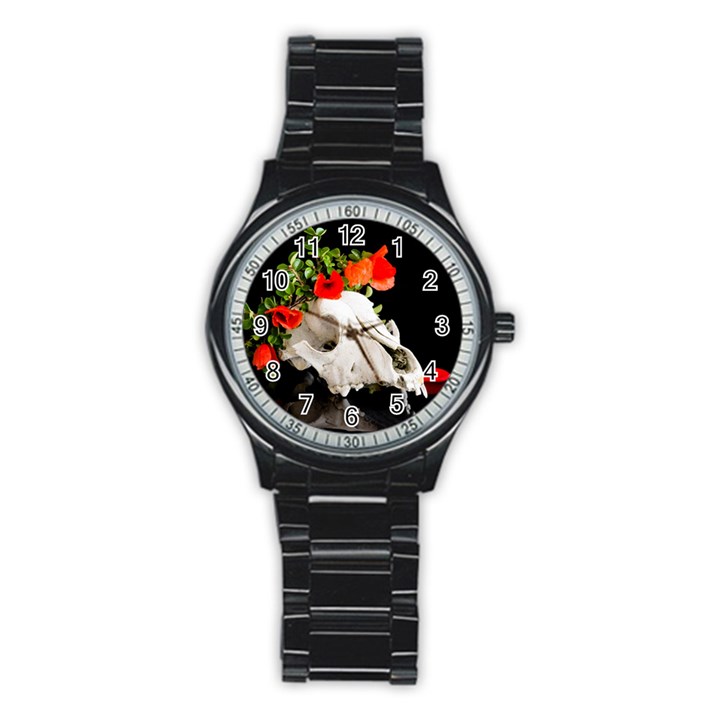 Animal skull with a wreath of wild flower Stainless Steel Round Watch