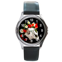 Animal Skull With A Wreath Of Wild Flower Round Metal Watch by igorsin