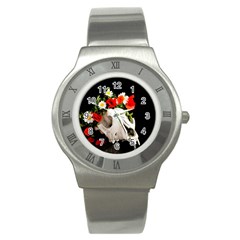 Animal Skull With A Wreath Of Wild Flower Stainless Steel Watch by igorsin