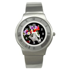 Animal Skull With A Wreath Of Wild Flower Stainless Steel Watch by igorsin