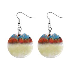 Colorful Tree Landscape In Orange And Blue Mini Button Earrings by digitaldivadesigns