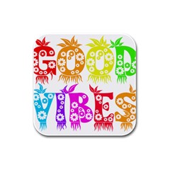 Good Vibes Rainbow Colors Funny Floral Typography Rubber Square Coaster (4 Pack) 
