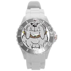 Gray Happy Dog Bulldog Pet Collar Round Plastic Sport Watch (l) by Nexatart