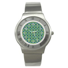 Blue Yellow Green Swirl Pattern Stainless Steel Watch by BrightVibesDesign