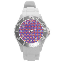 Blue Orange Yellow Swirl Pattern Round Plastic Sport Watch (l) by BrightVibesDesign