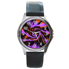 Swirl Black Purple Orange Round Metal Watch by BrightVibesDesign