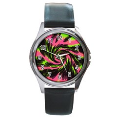 Swirl Black Pink Green Round Metal Watch by BrightVibesDesign