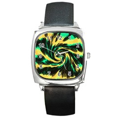 Swirl Black Yellow Green Square Metal Watch by BrightVibesDesign