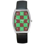 Background Checkers Squares Tile Barrel Style Metal Watch Front