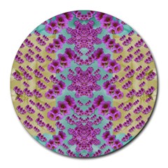 Climbing And Loving Beautiful Flowers Of Fantasy Floral Round Mousepads by pepitasart