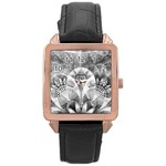 Black and White Fanned Feathers in Halftone Dots Rose Gold Leather Watch  Front