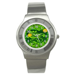 Background Texture Green Leaves Stainless Steel Watch