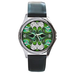 Fractal Art Green Pattern Design Round Metal Watch by Sapixe