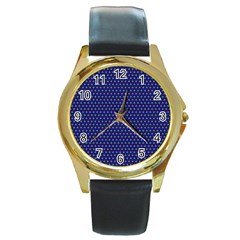 Blue Fractal Art Honeycomb Mathematics Round Gold Metal Watch