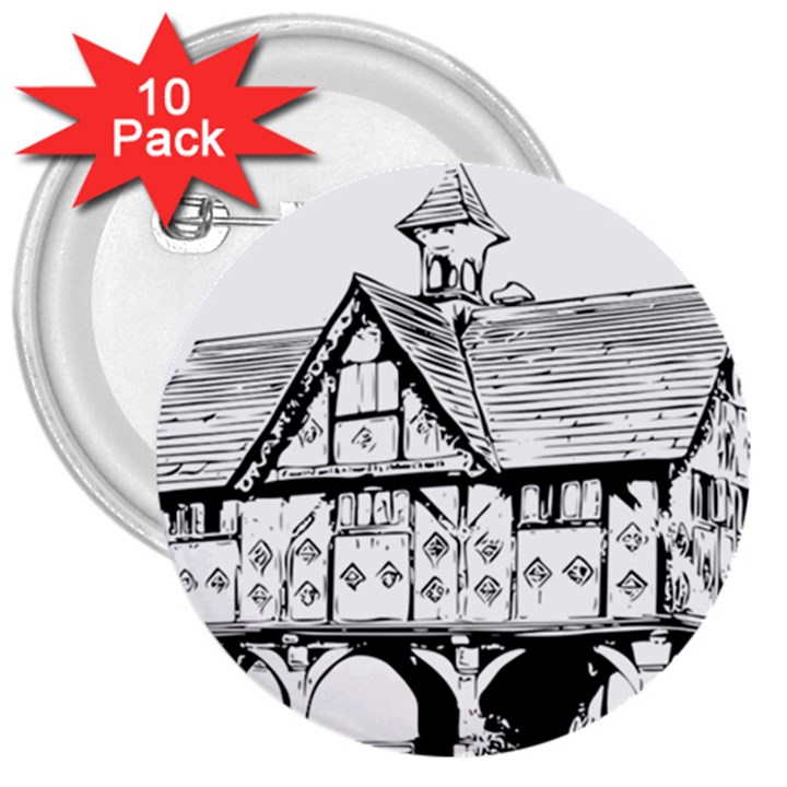 Line Art Architecture Vintage Old 3  Buttons (10 pack) 