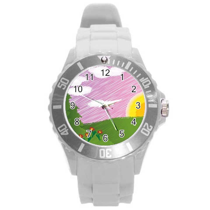 Pine Trees Trees Sunrise Sunset Round Plastic Sport Watch (L)