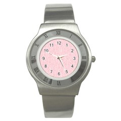 Elios Shirt Faces In White Outlines On Pale Pink Cmbyn Stainless Steel Watch by PodArtist