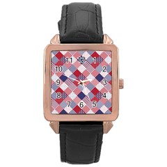 USA Americana Diagonal Red White & Blue Quilt Rose Gold Leather Watch 