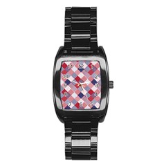 USA Americana Diagonal Red White & Blue Quilt Stainless Steel Barrel Watch