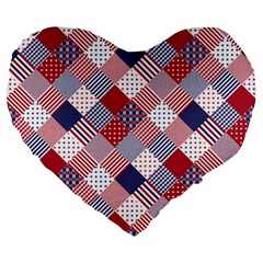 Usa Americana Diagonal Red White & Blue Quilt Large 19  Premium Flano Heart Shape Cushions by PodArtist