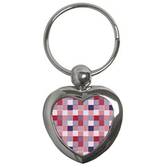 Usa Americana Patchwork Red White & Blue Quilt Key Chains (heart)  by PodArtist