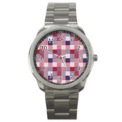 Usa Americana Patchwork Red White & Blue Quilt Sport Metal Watch by PodArtist