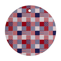 Usa Americana Patchwork Red White & Blue Quilt Round Ornament (two Sides) by PodArtist