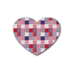 Usa Americana Patchwork Red White & Blue Quilt Rubber Coaster (heart)  by PodArtist