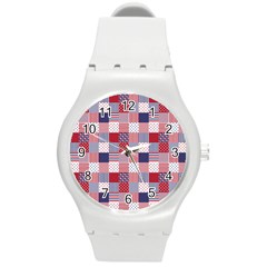 Usa Americana Patchwork Red White & Blue Quilt Round Plastic Sport Watch (m) by PodArtist