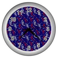 Red White And Blue Usa/uk/france Colored Party Streamers On Blue Wall Clocks (silver)  by PodArtist